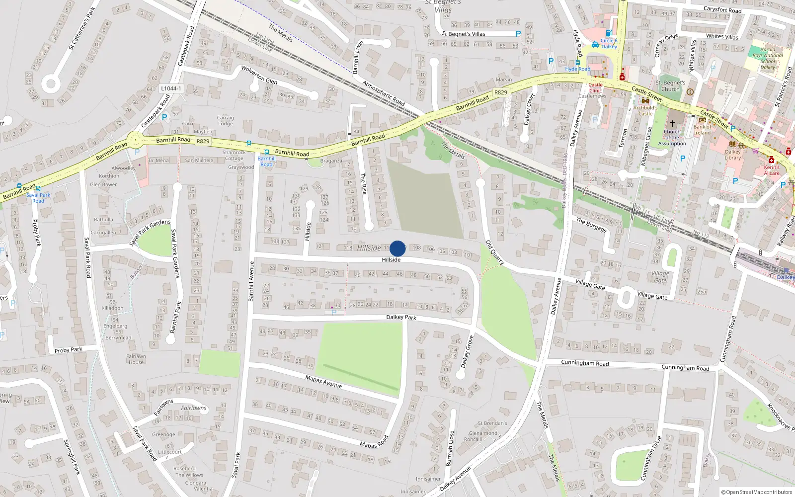 Overhead map showing the location of 111 Hillside, Dalkey, Dublin