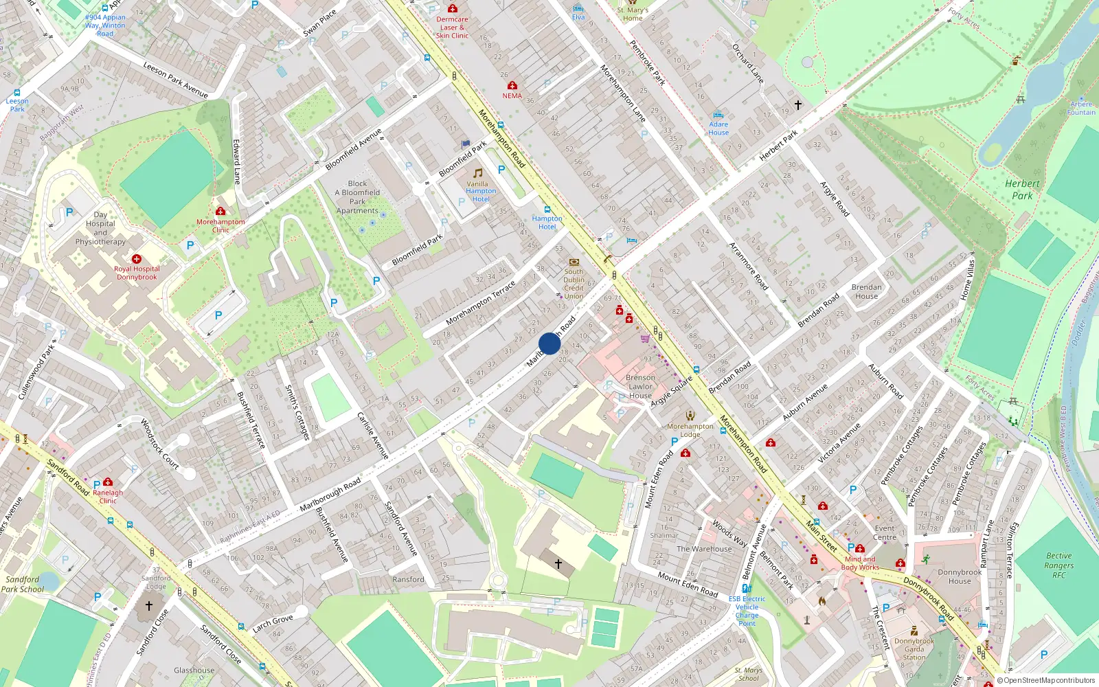 Overhead map showing the location of 111 Marlborough Road, Donnybrook
