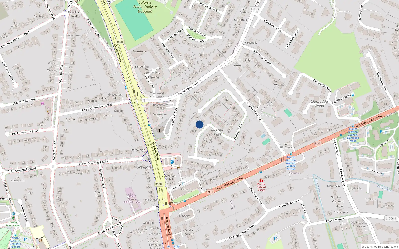 Overhead map showing the location of 111 Merrion Park, Blackrock
