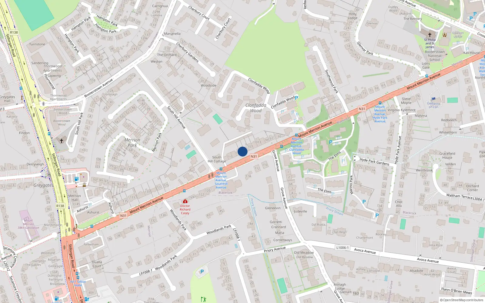 Overhead map showing the location of 111 Mount Merrion Avenue, Blackrock