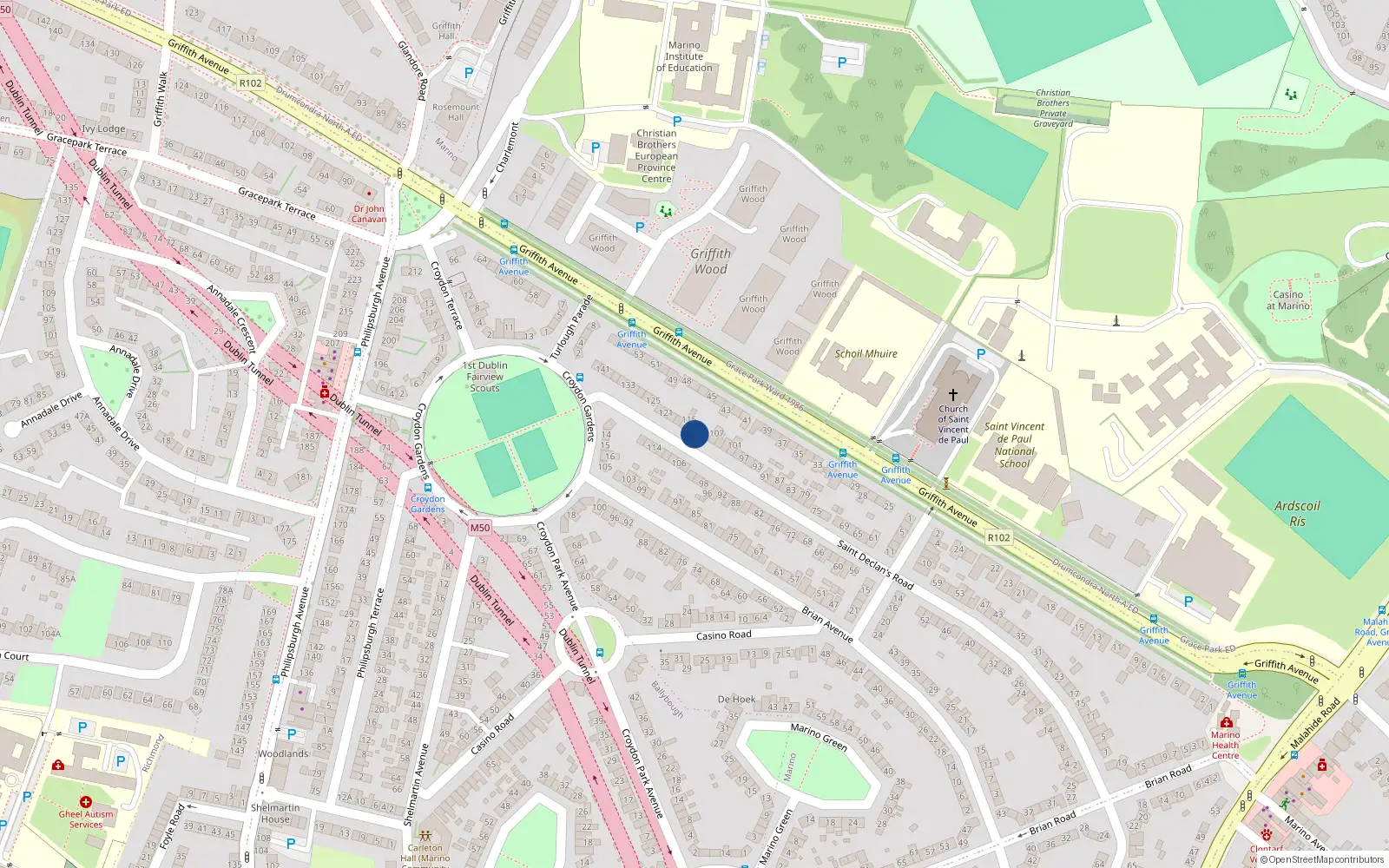 Overhead map showing the location of 111 St Declans Road, Marino, Dublin 3