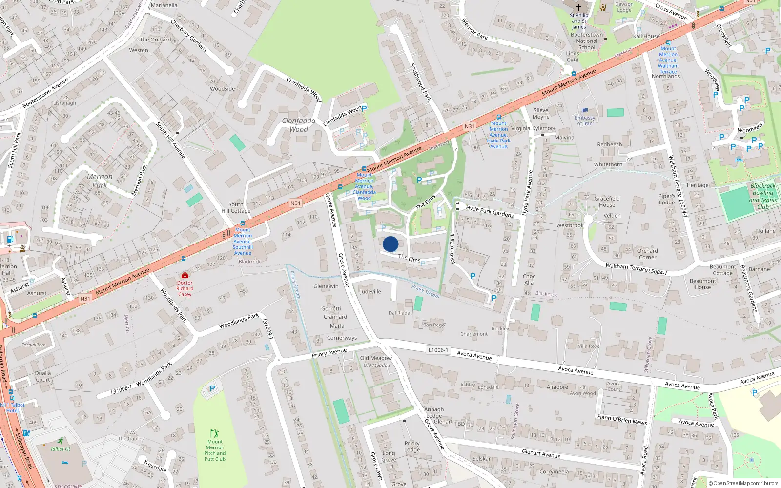 Overhead map showing the location of 111 the Elms, Mount Merrion Avenue, Blackrock