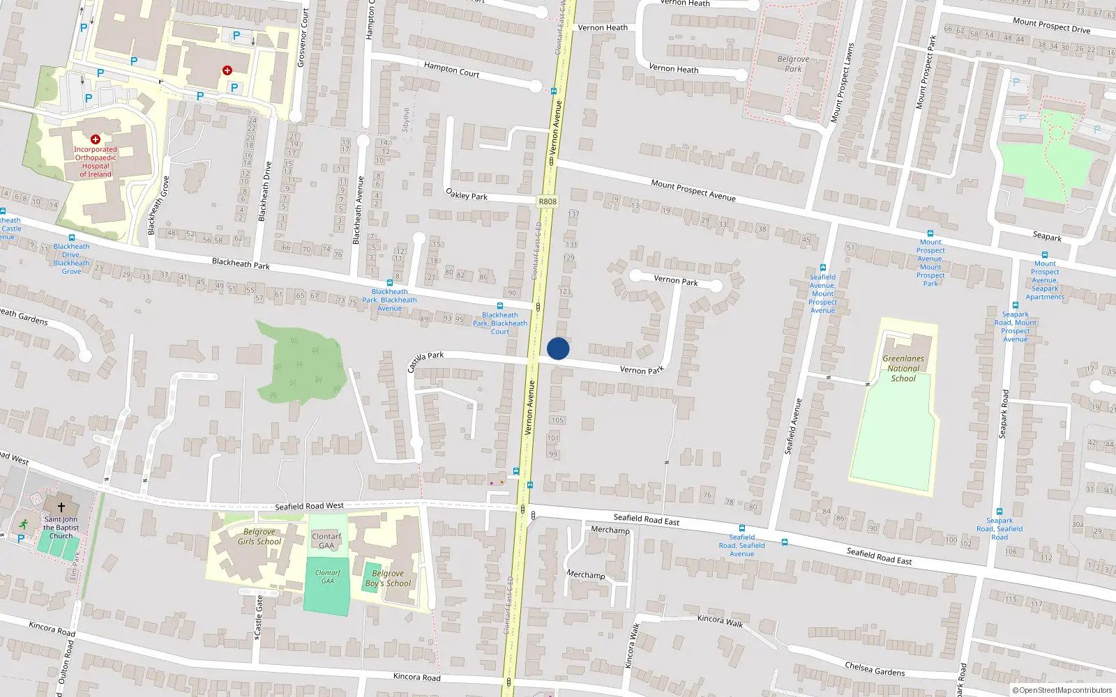 Overhead map showing the location of 111 Vernon Avenue, Clontarf, Dublin 3