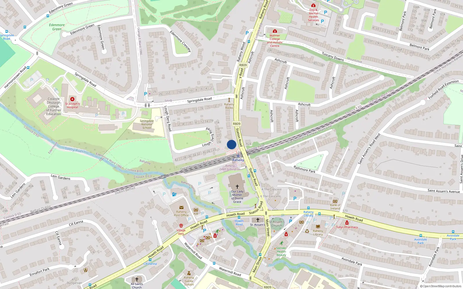 Overhead map showing the location of 11/11a Station Road, Raheny, Dublin 5, D05yx56