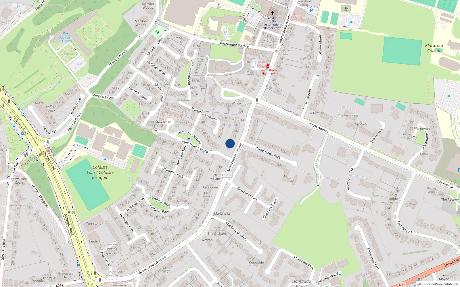 Overhead map showing the location of 111A Booterstown Avenue, Booterstown, Blackrock