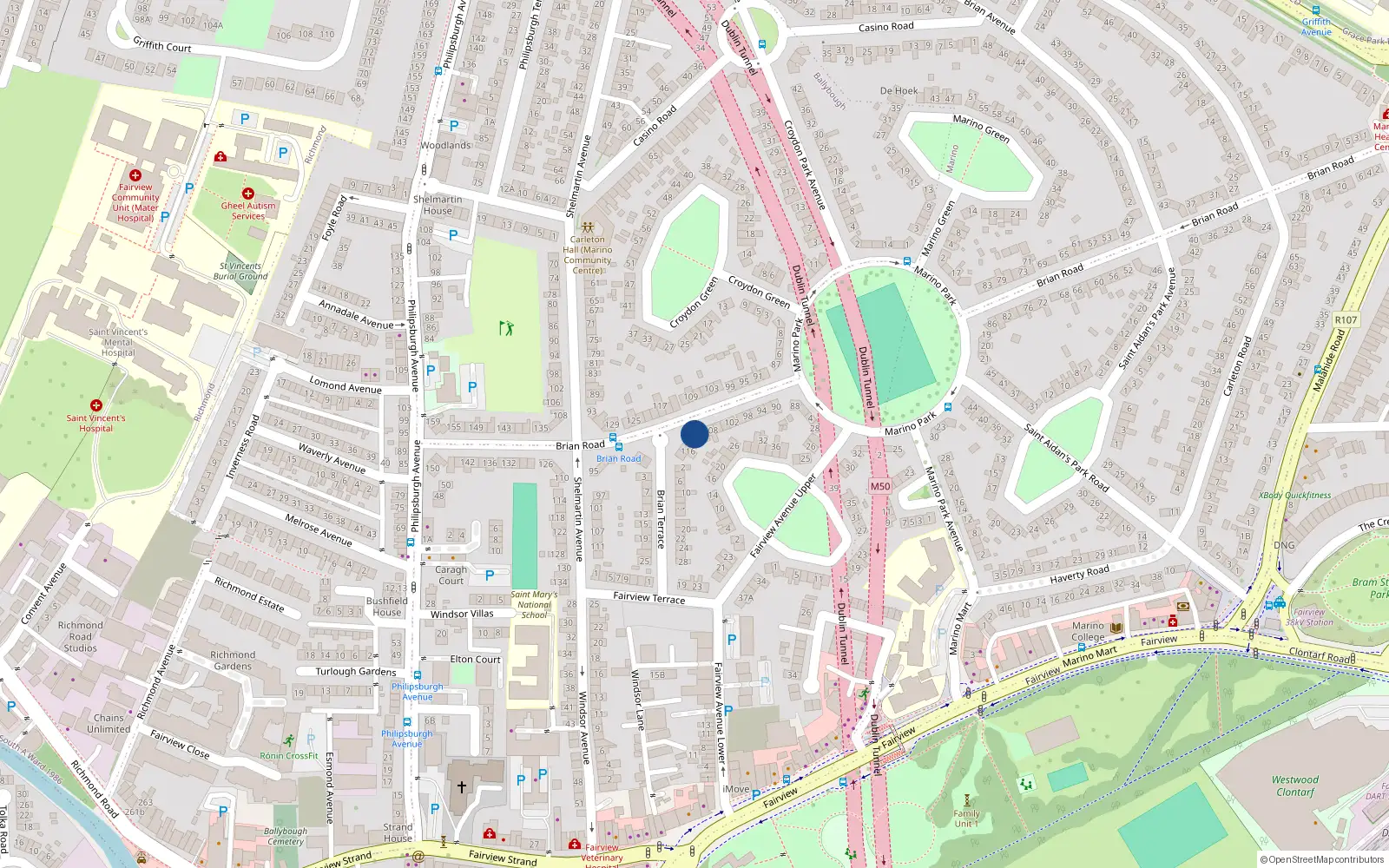 Overhead map showing the location of 112 Brian Road, Marino, Dublin 3