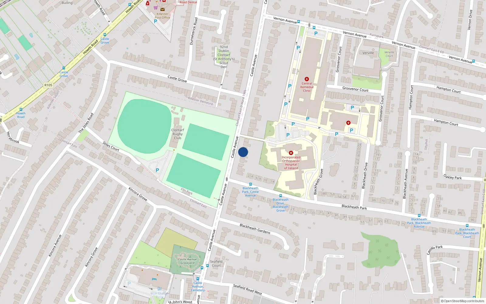 Overhead map showing the location of 112 Castle Avenue, Clontarf, Dublin 3