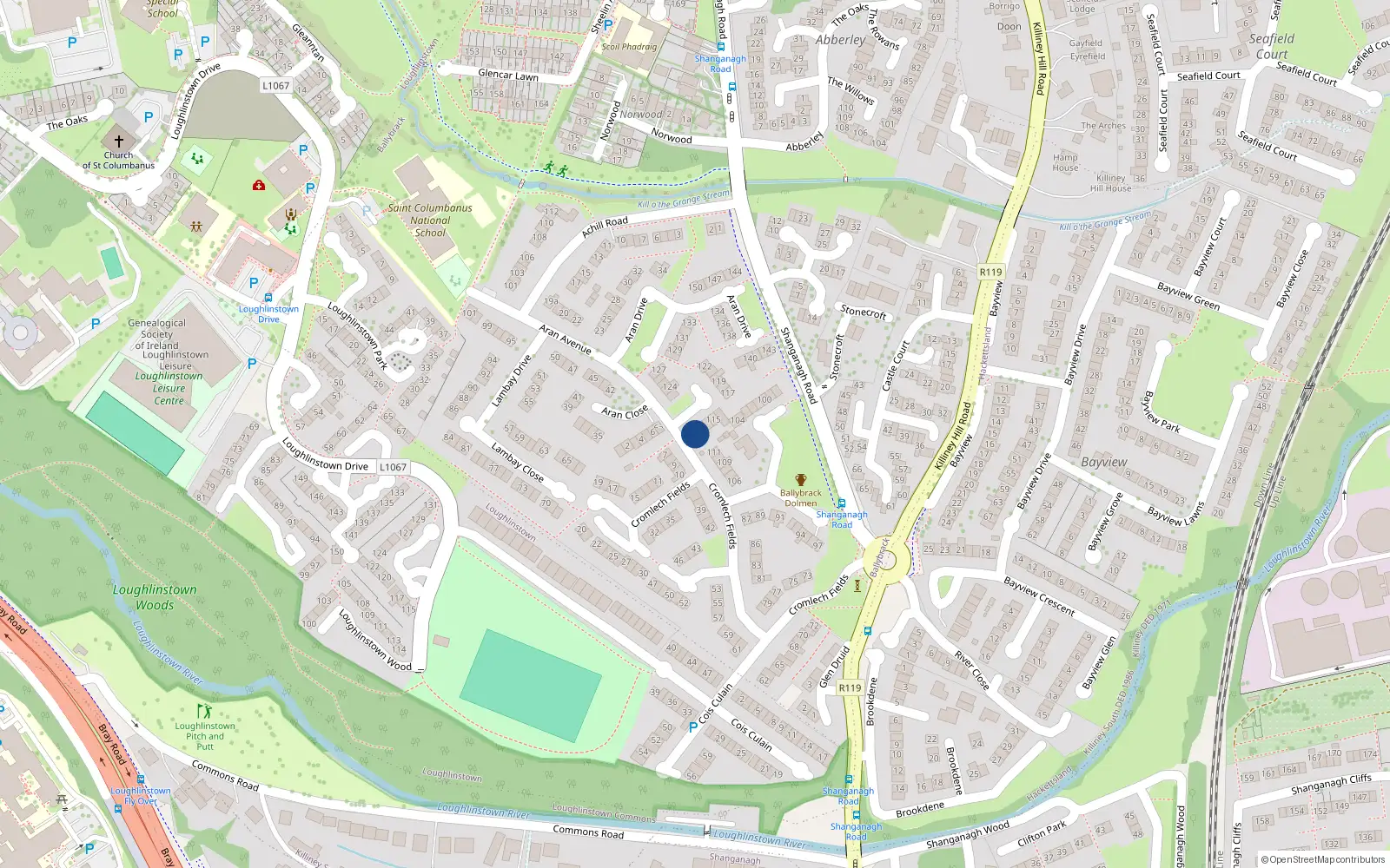 Overhead map showing the location of 112 Cromlech Fields, Ballybrack, Glenageary