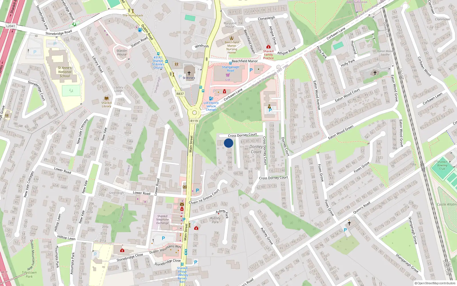 Overhead map showing the location of 112 Dorney Court, Shankill