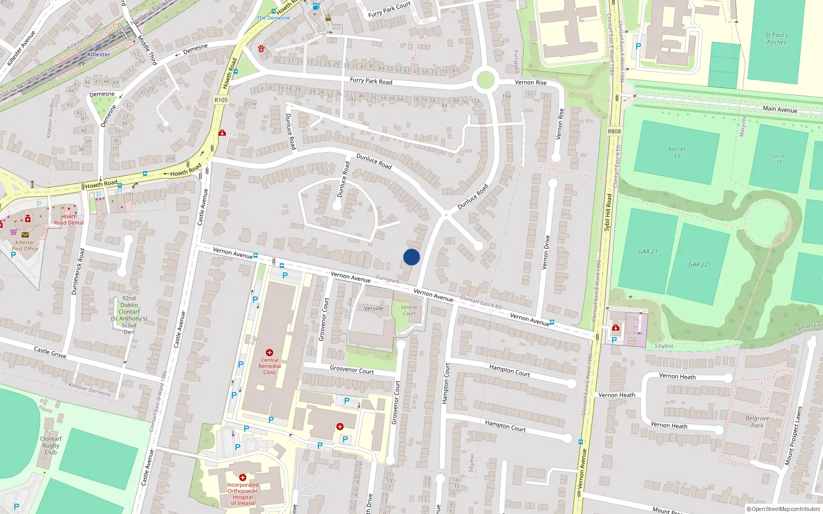 Overhead map showing the location of 112 Dunluce Road, Dublin 3