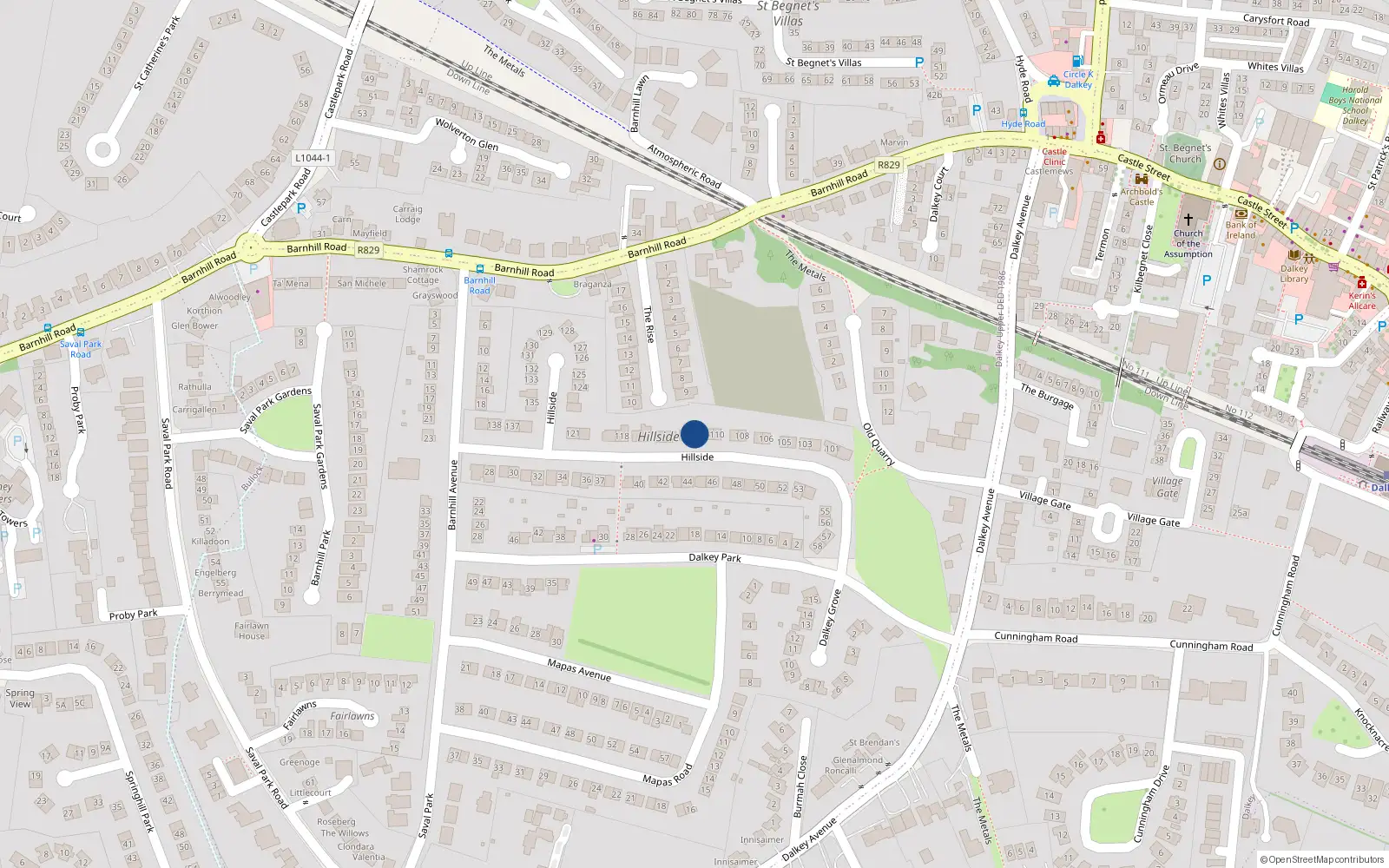 Overhead map showing the location of 112 Hillside, Dalkey