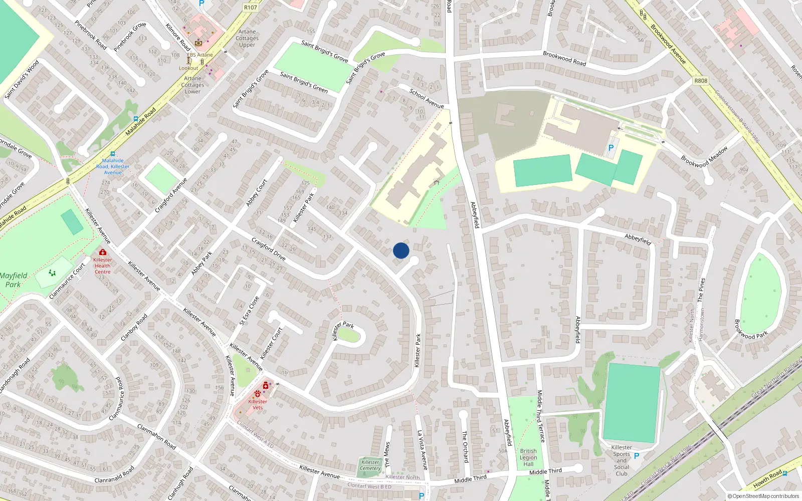 Overhead map showing the location of 112 Killester Park, Killester, Dublin 5