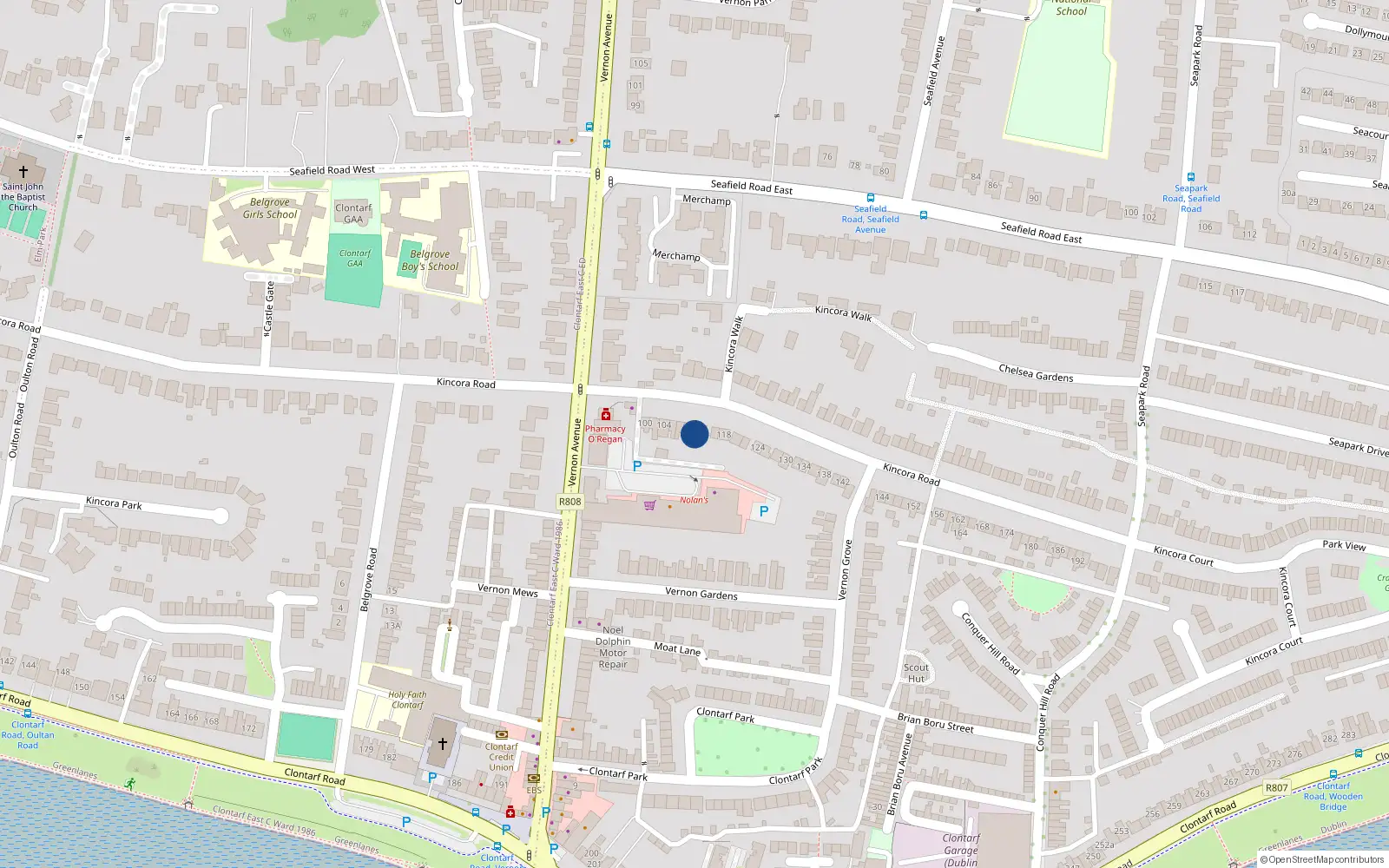 Overhead map showing the location of 112 Kincora Road, Dublin 3