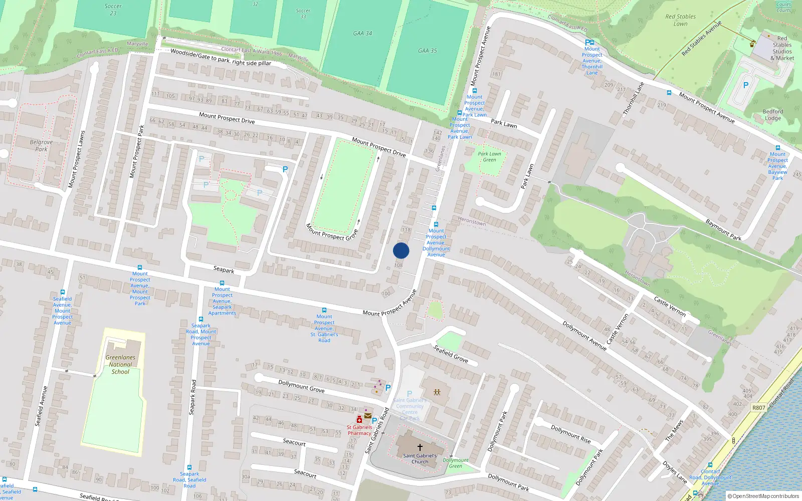 Overhead map showing the location of 112 Mount Prospect Avenue, Clontarf, Dublin 3