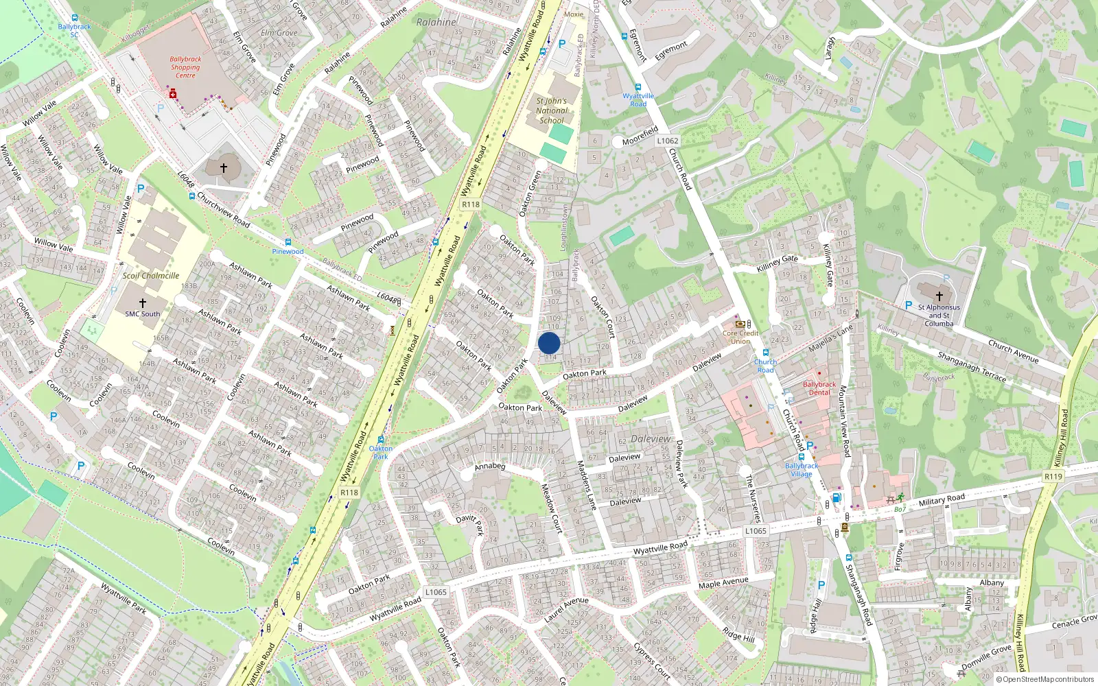 Overhead map showing the location of 112 Oakton Park, Ballybrack, Dublin