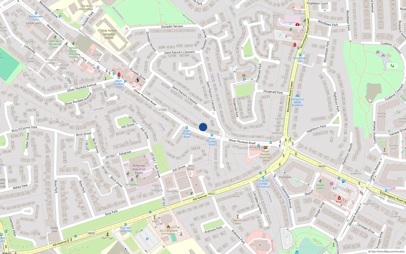 Overhead map showing the location of 112 Oliver Plunkett Road, Dublin