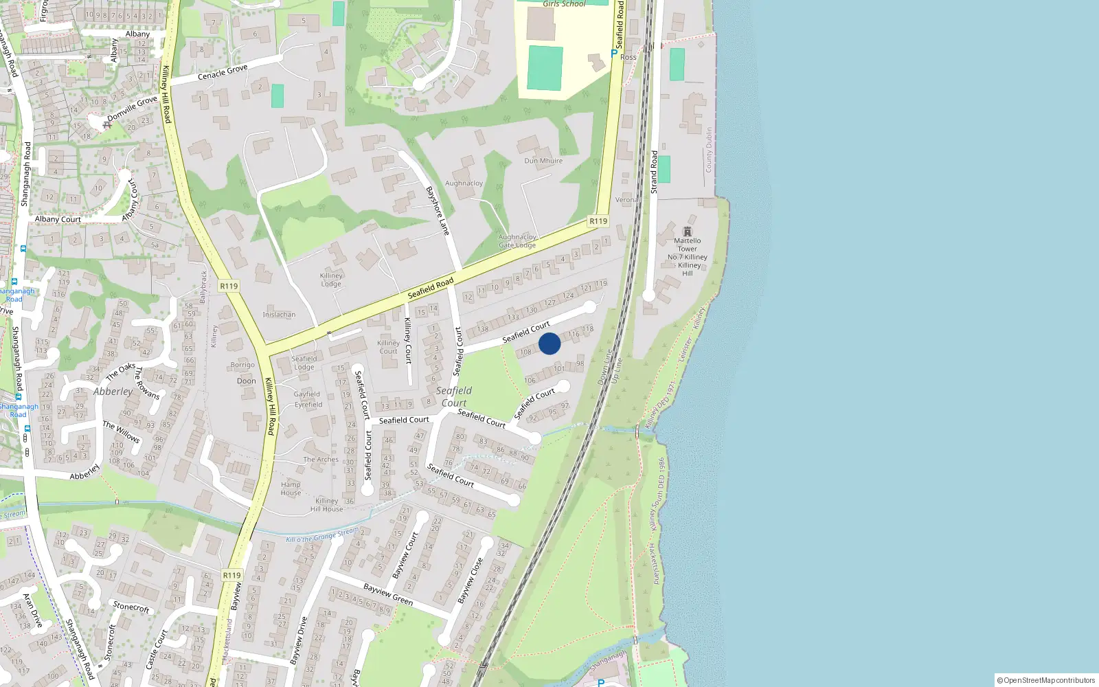 Overhead map showing the location of 112 Seafield Court, Killiney