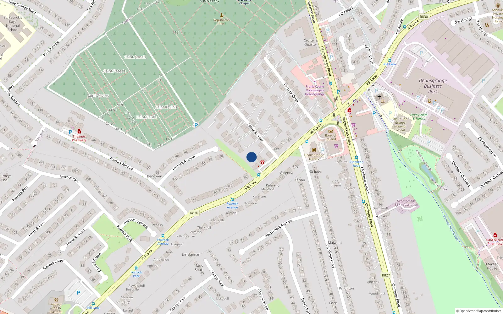 Overhead map showing the location of 112A Foxrock Grove, Dublin 18