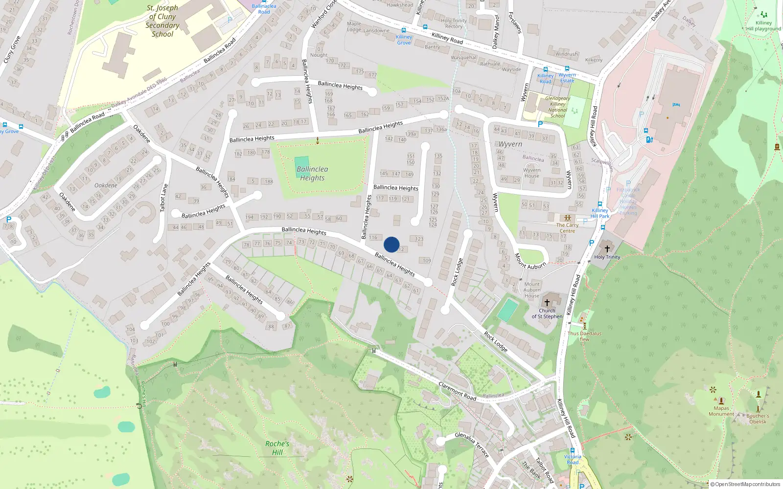 Overhead map showing the location of 113 Ballinclea Heights, Killiney