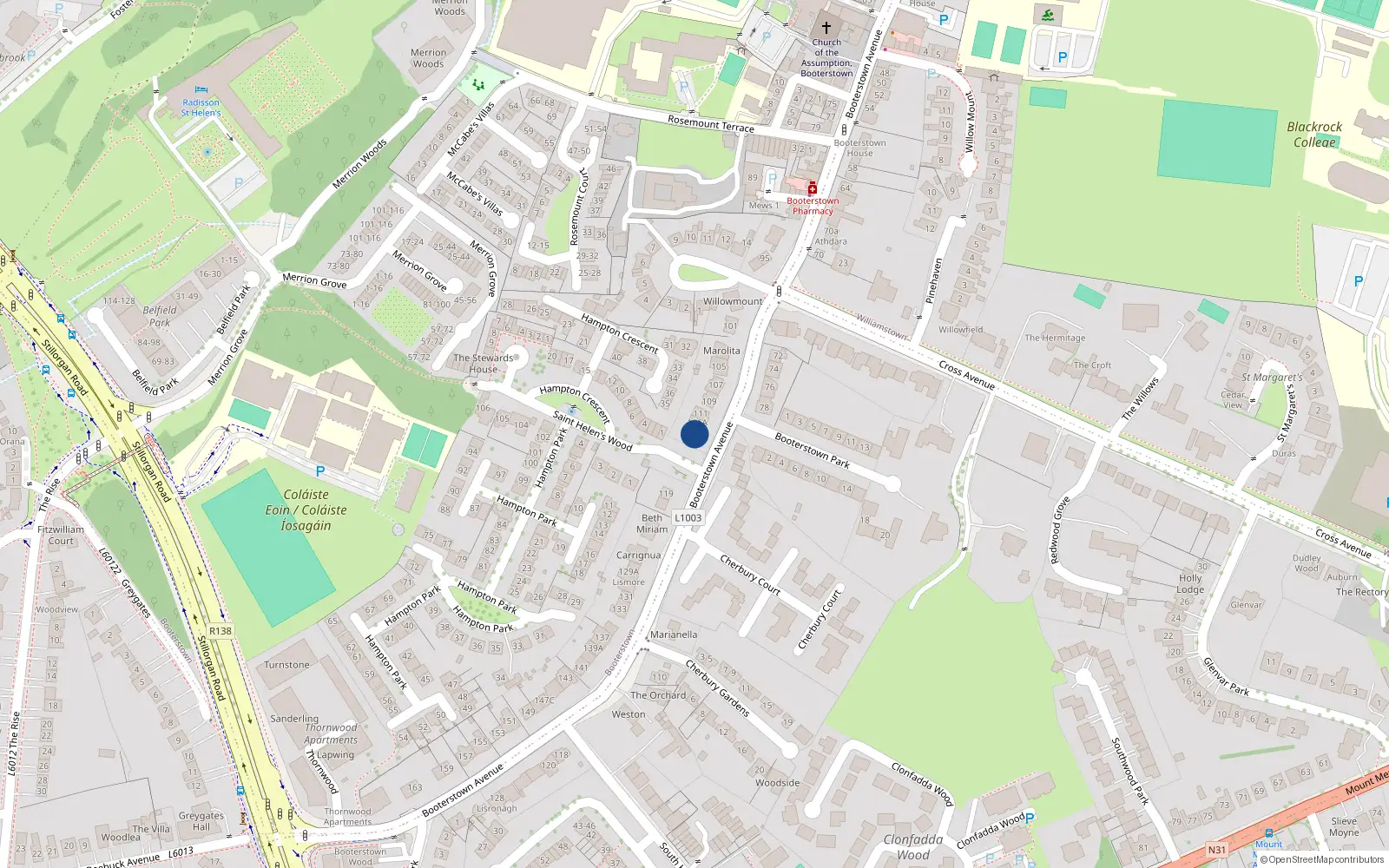 Overhead map showing the location of 113 Booterstown Avenue, Blackrock