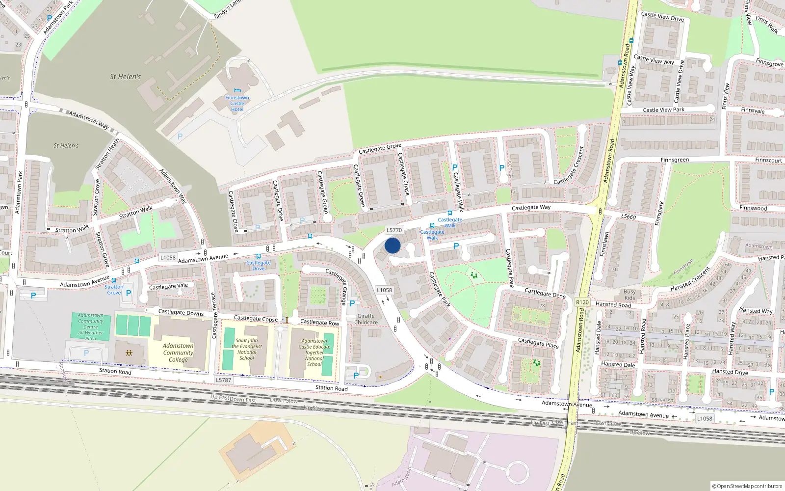 Overhead map showing the location of 113 Castlegate Way, Adamstown, Lucan