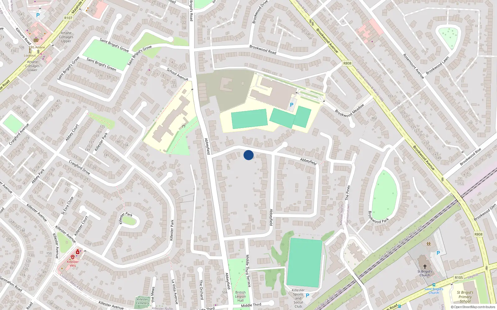 Overhead map showing the location of 113 Gort na Mainistreach, Cill Easra, Baile Atha Cliath 5