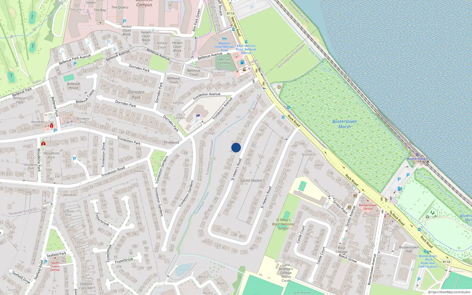 Overhead map showing the location of 113 St Helen's Road, Booterstown, Blackrock