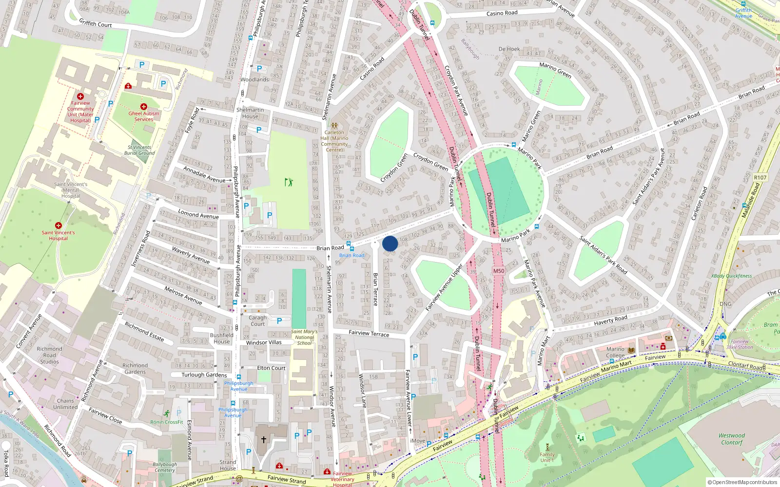 Overhead map showing the location of 114 Brian Road, Marino, Dublin 3