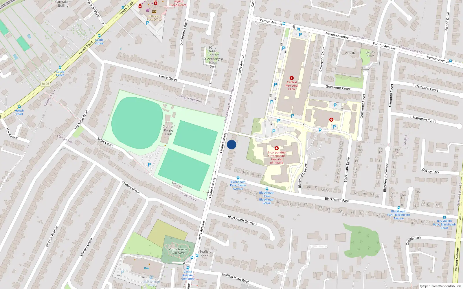 Overhead map showing the location of 114 Castle Avenue, Clontarf, Dublin 3