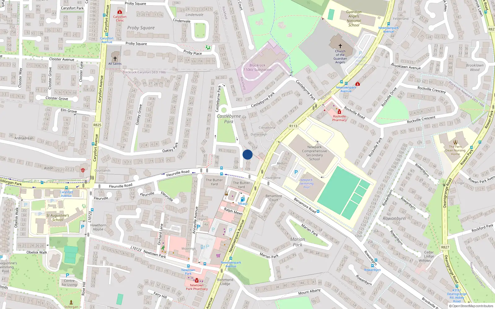 Overhead map showing the location of 114 Castlebyrne Park, Blackrock, Dublin