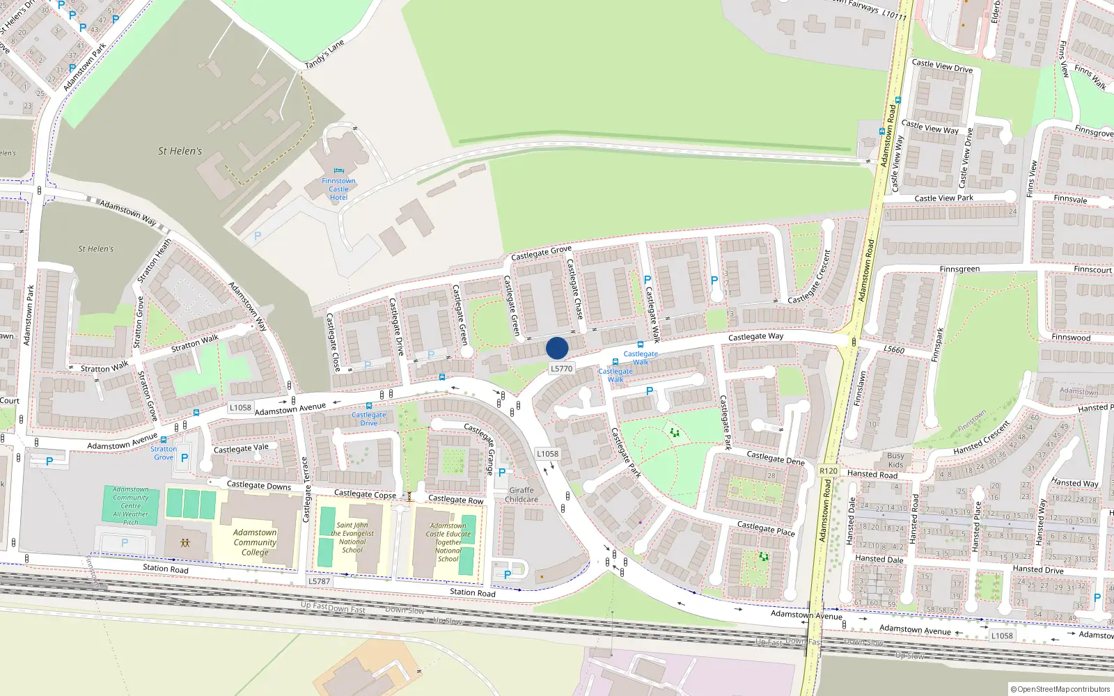 Overhead map showing the location of 114 Castlegate Way, Lucan