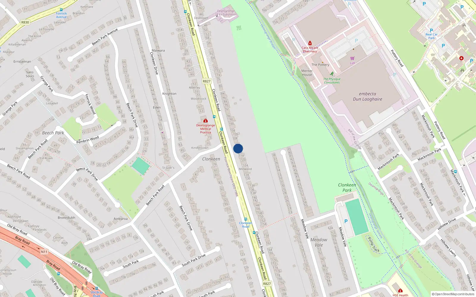 Overhead map showing the location of 114 Clonkeen Road, Blackrock, Dublin