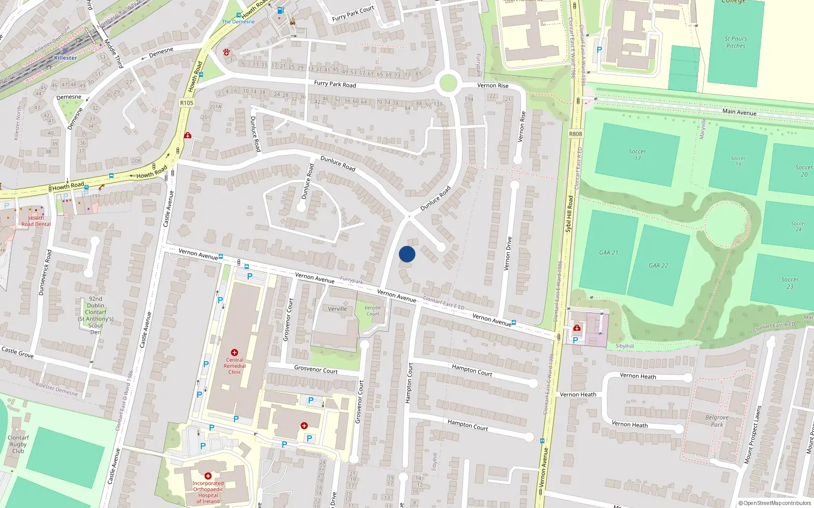 Overhead map showing the location of 114 Dunluce Road, Dublin 3