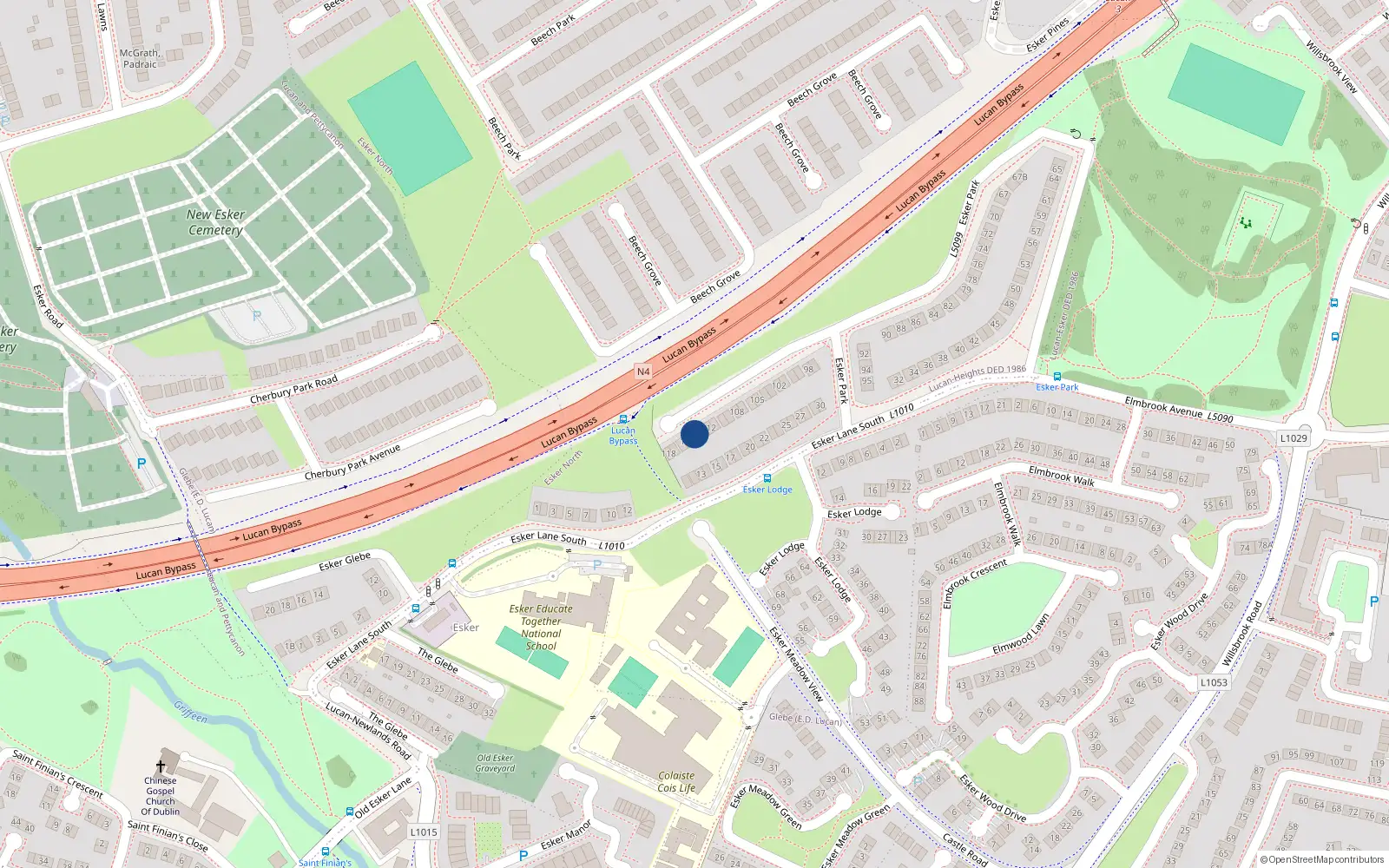 Overhead map showing the location of 114 Esker Park, Lucan, Dublin