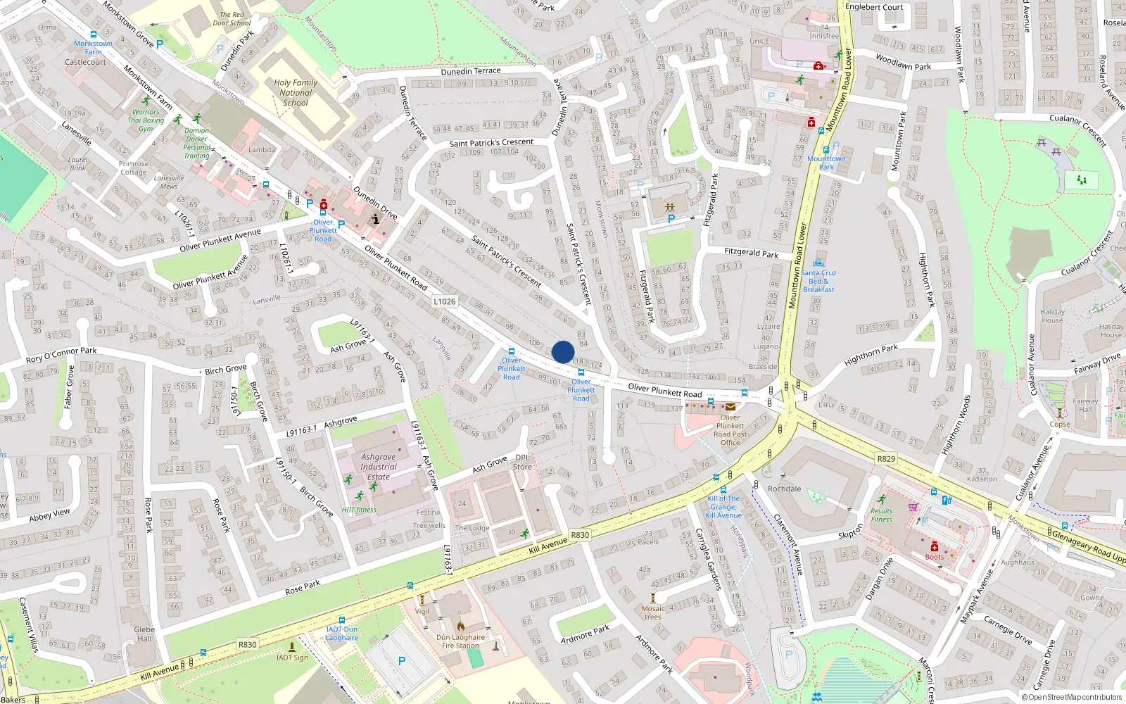 Overhead map showing the location of 114 Oliver Plunkett Road, Glenageary