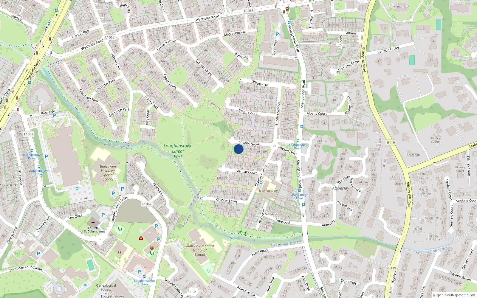 Overhead map showing the location of 114 Sheelin Grove, Ballybrack