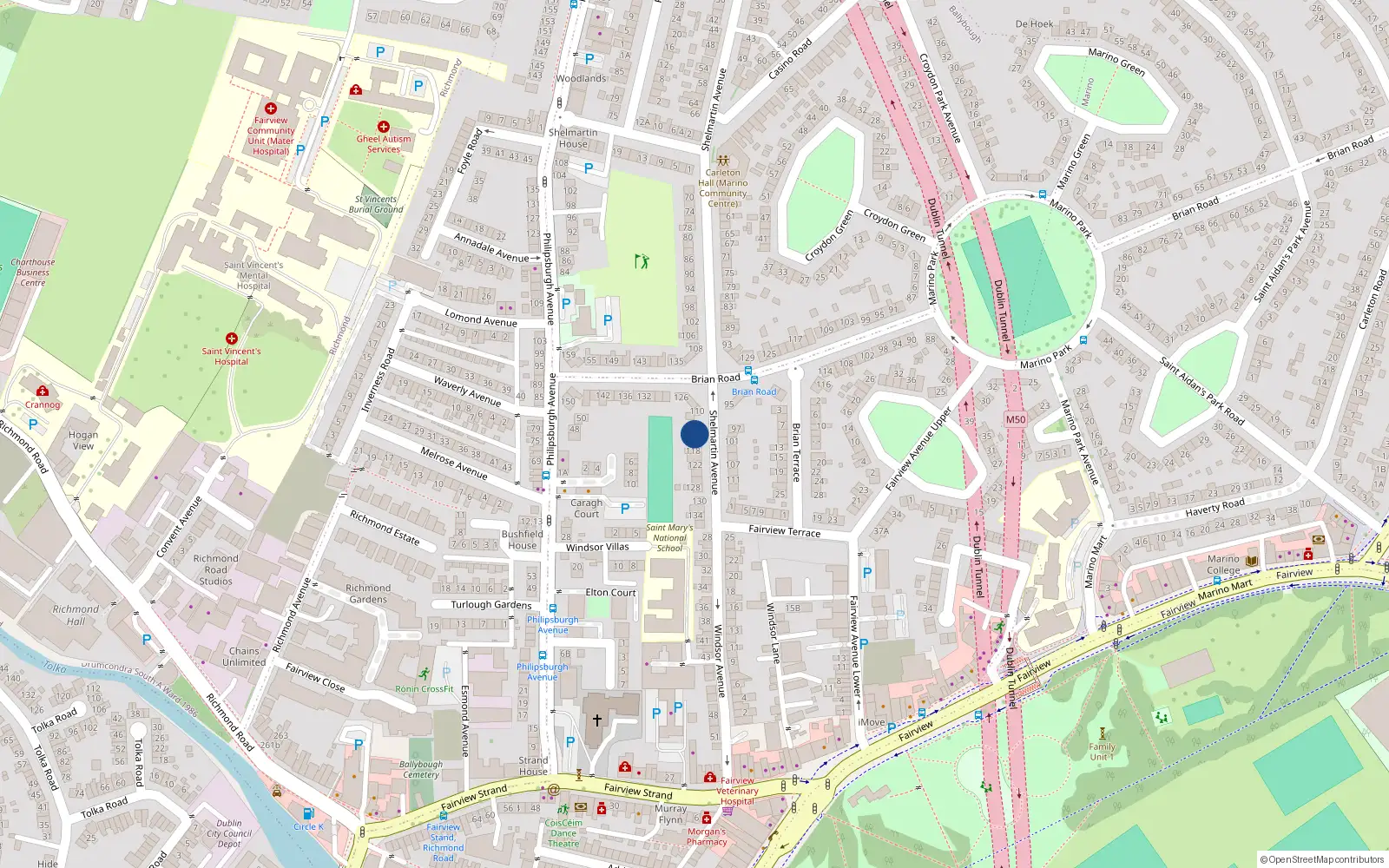 Overhead map showing the location of 114 Shelmartin Avenue, Dublin 3