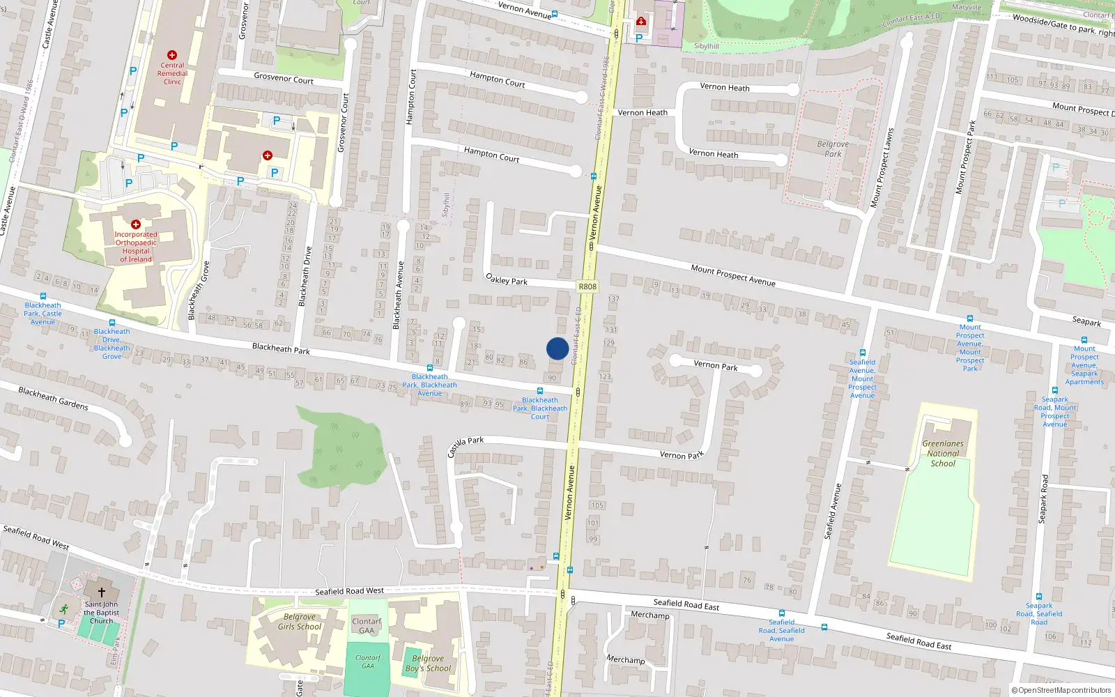 Overhead map showing the location of 114 Vernon Avenue, Clontarf, Dublin 3