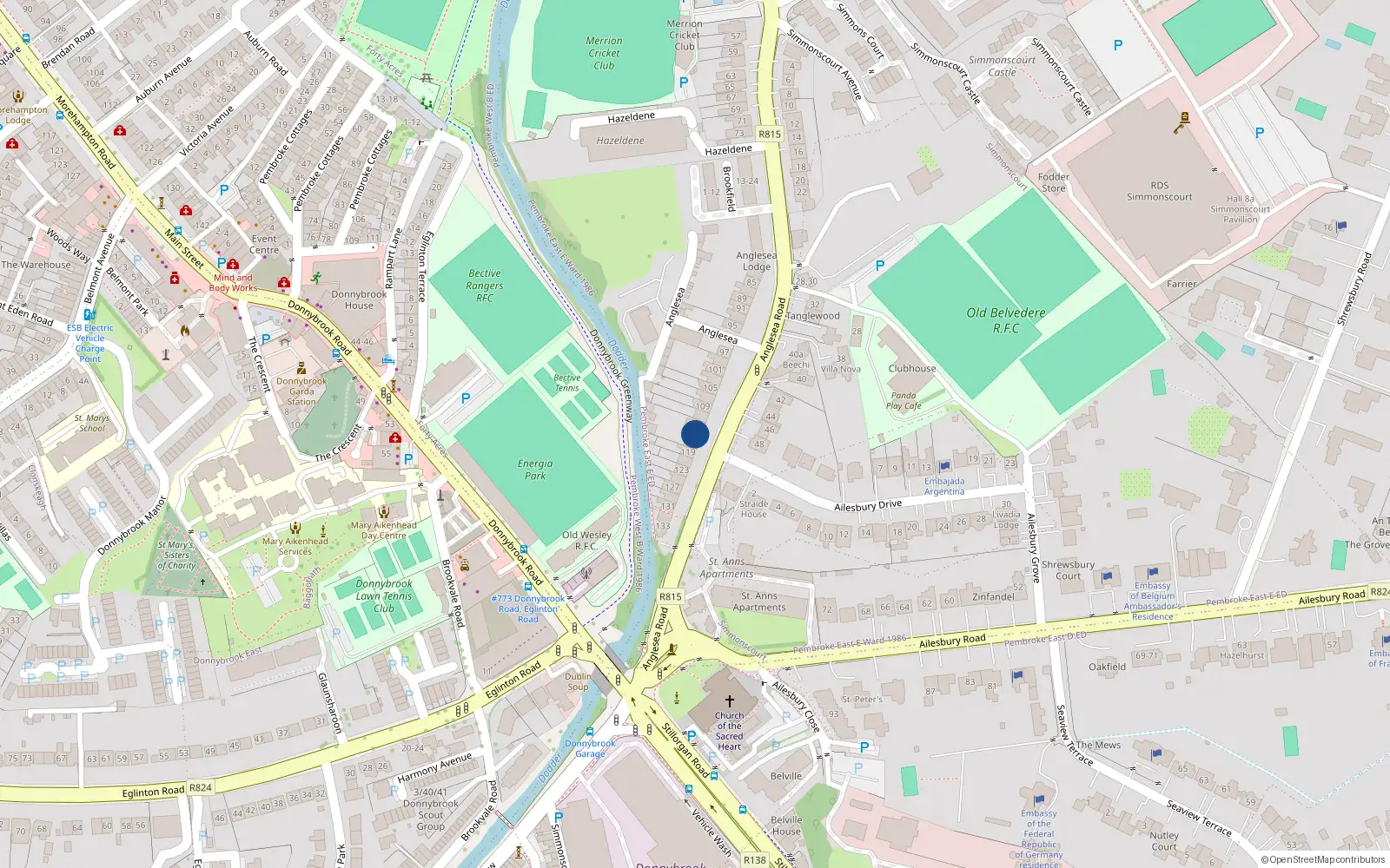 Overhead map showing the location of 115 Anglesea Road, Ballsbridge