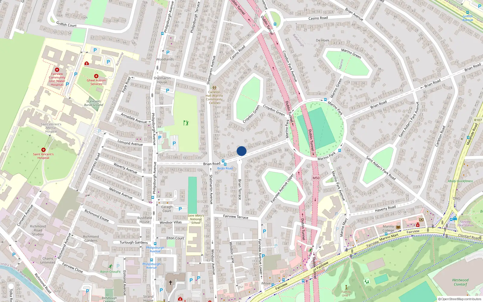 Overhead map showing the location of 115 Brian Road, Marino, Dublin 3