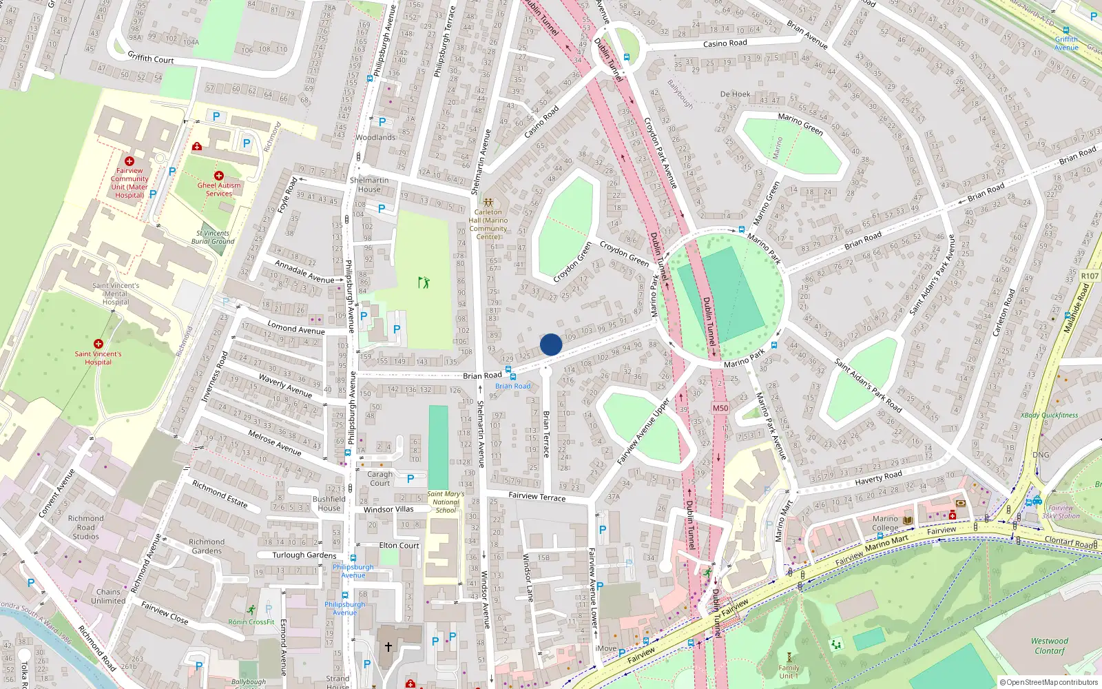 Overhead map showing the location of 115 Brian Road, Dublin 3