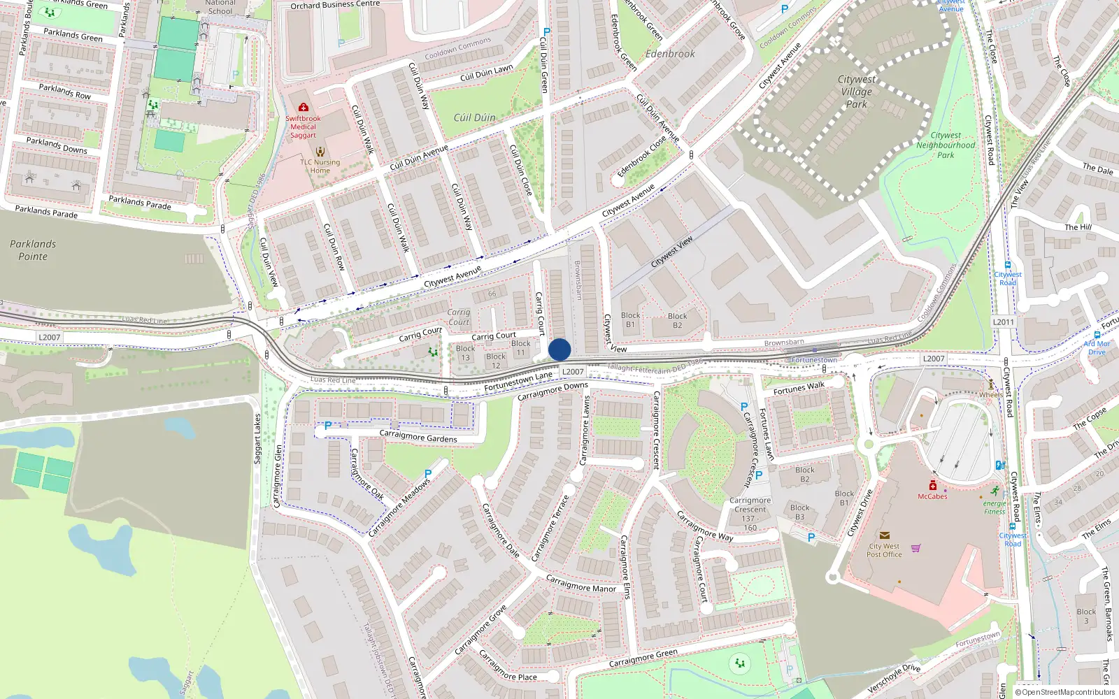 Overhead map showing the location of 115 Carrig Court, Dublin