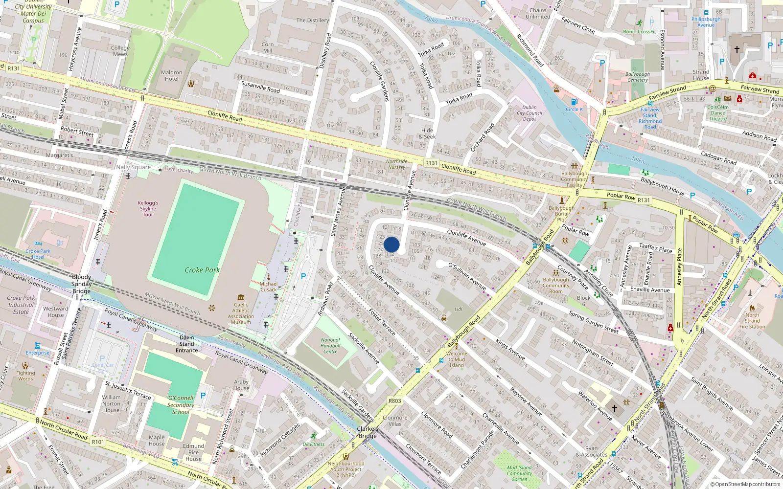 Overhead map showing the location of 115 Clonliffe Avenue, Drumcondra, Dublin 3
