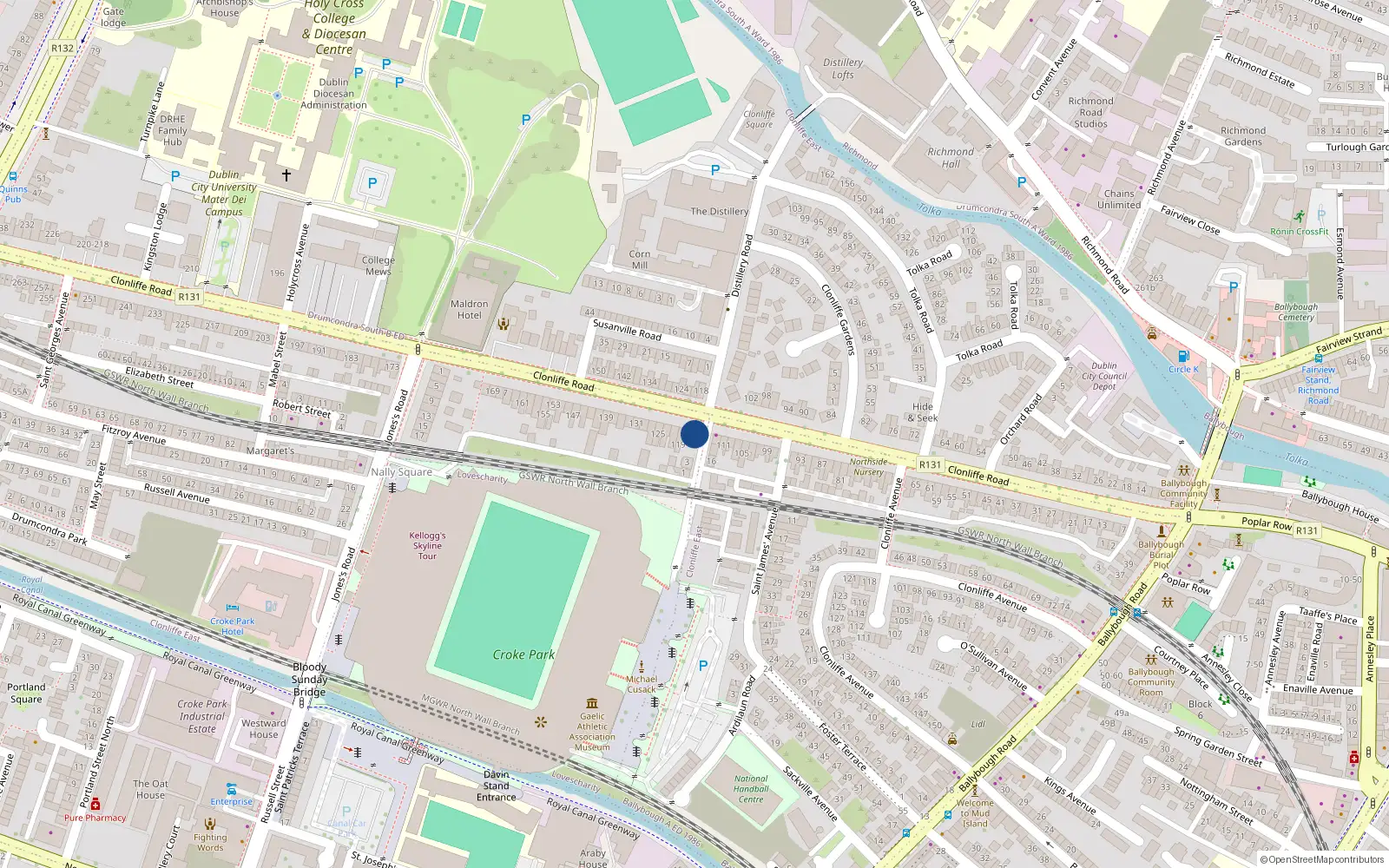 Overhead map showing the location of 115 Clonliffe Road, Drumcondra, Dublin 3