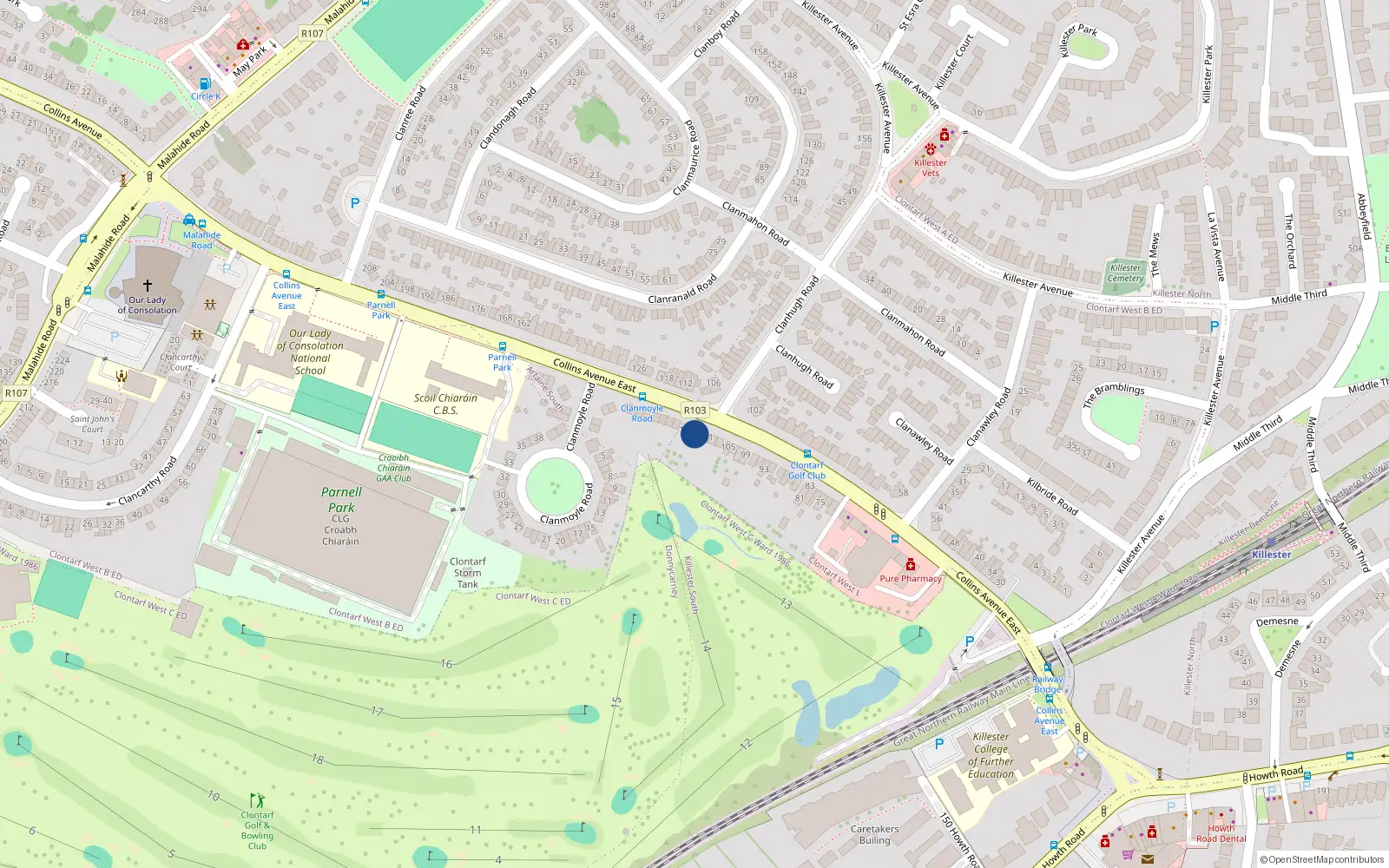 Overhead map showing the location of 115 Collins Avenue East, Killester, Dublin 5