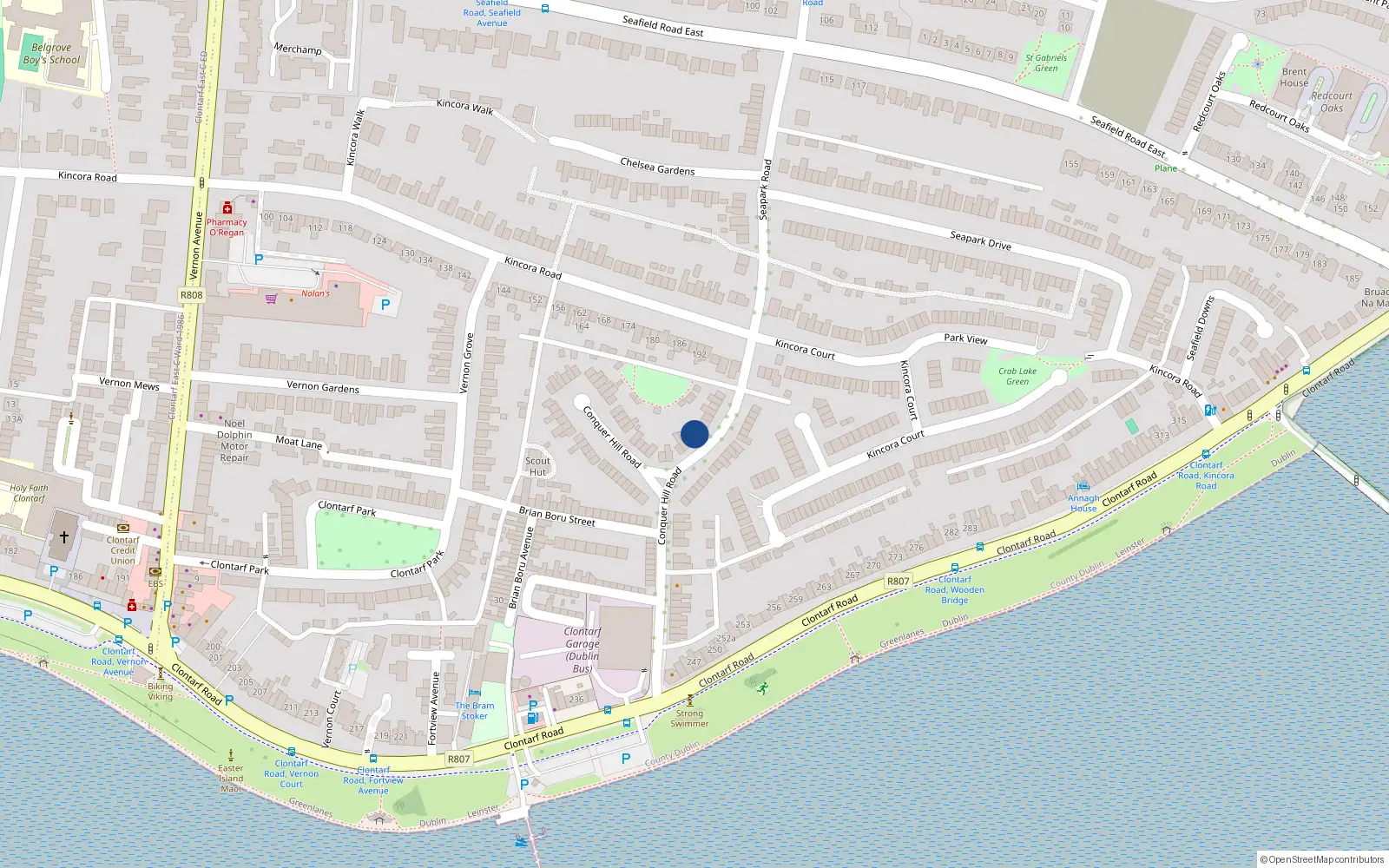 Overhead map showing the location of 115 Conquer Hill Road, Clontarf, Dublin