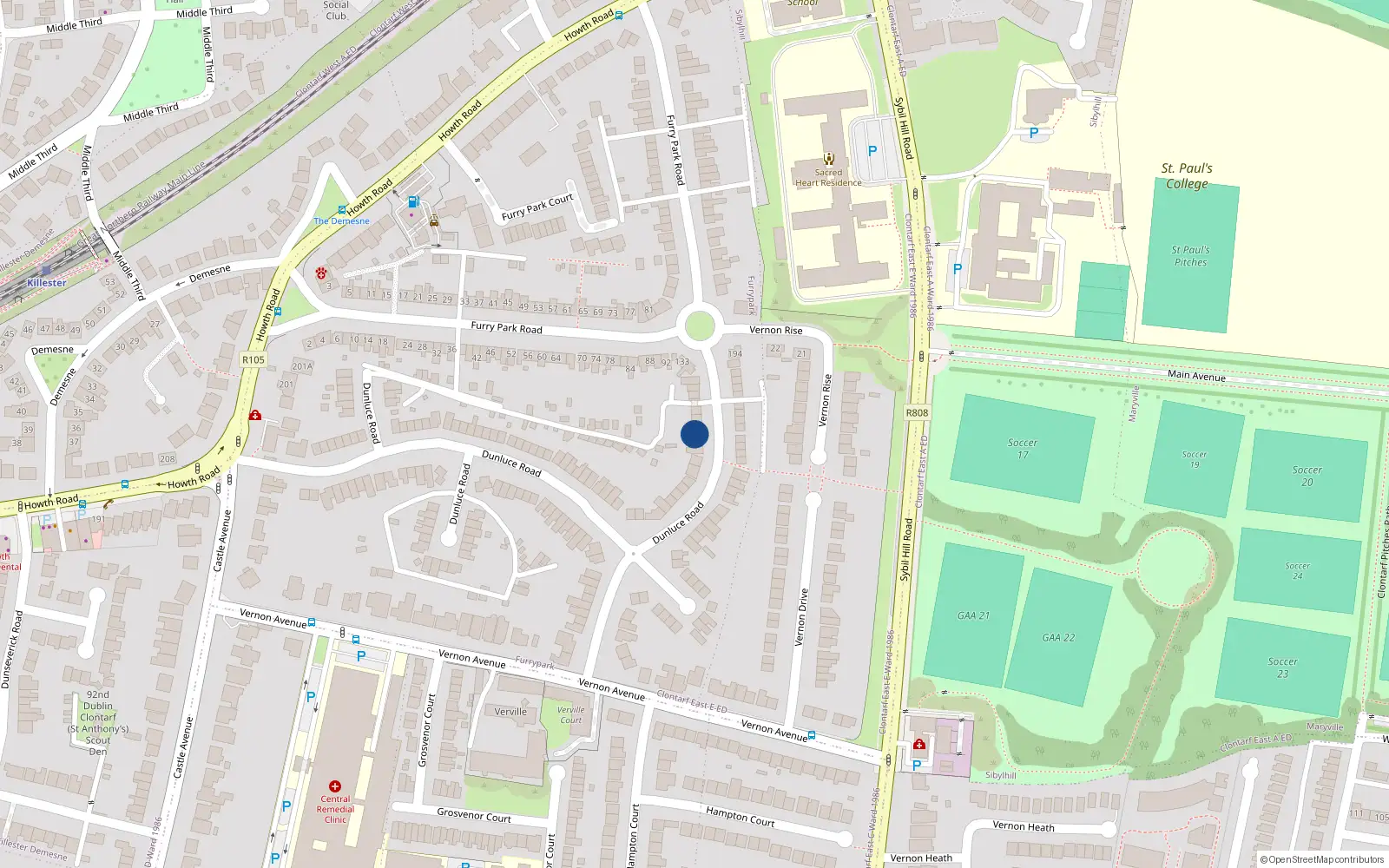 Overhead map showing the location of 115 Dunluce Road, Clontarf, Dublin 3