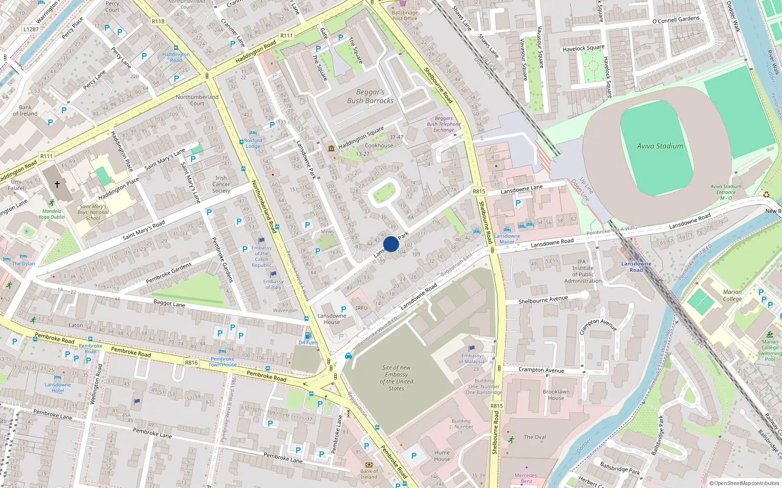 Overhead map showing the location of 115 Lansdowne Park, Dublin 4