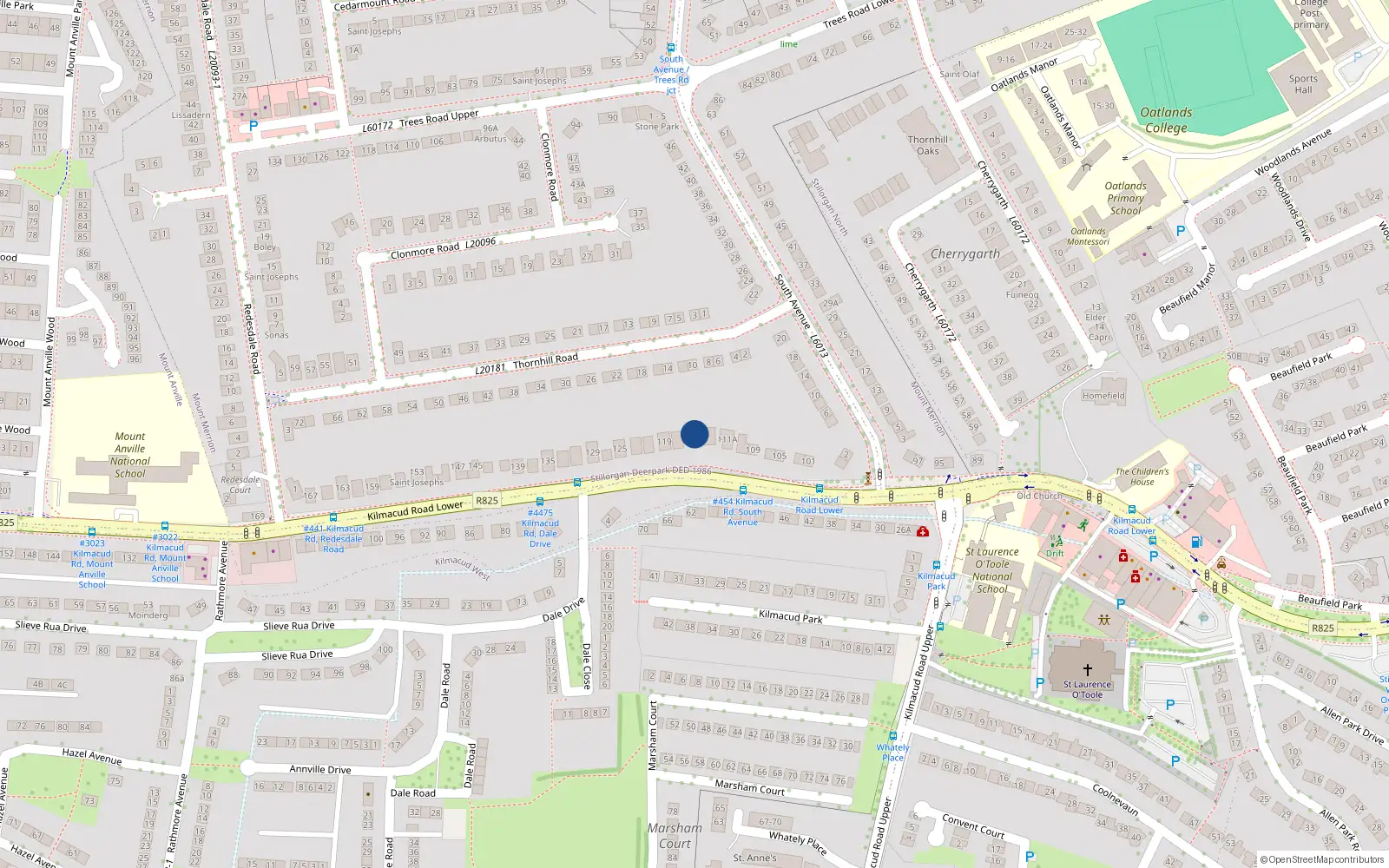 Overhead map showing the location of 115 Lower Kilmacud Road, Dublin