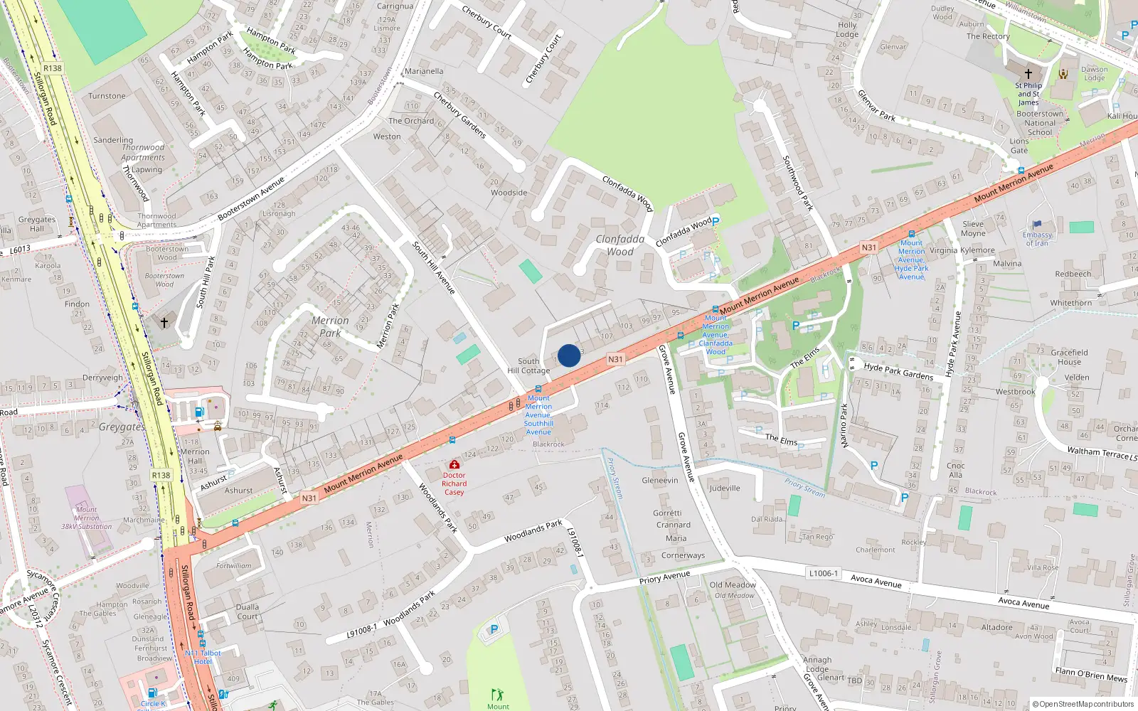 Overhead map showing the location of 115 Mount Merrion Avenue, Blackrock
